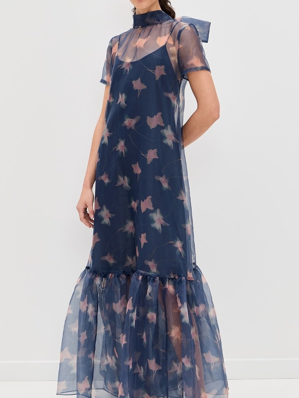 STAUD Calluna Sheer Navy Floral Maxi Dress with Pink Accents size S MSRP $500